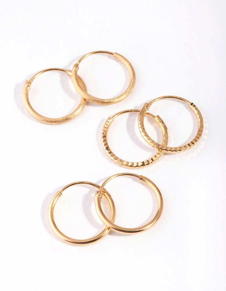 Gold Plated Sterling Silver Medium Textured Hoop Pack Earring