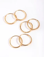 Gold Plated Sterling Silver Medium Textured Hoop Pack Earring