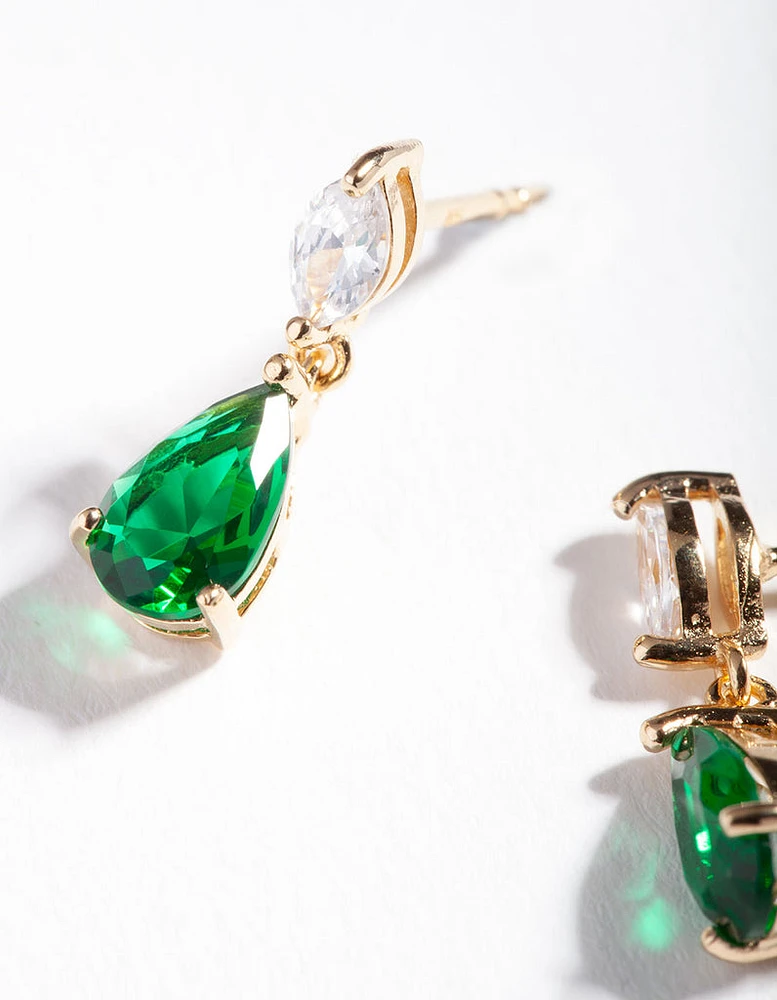 Gold Plated Sterling Silver Green Cubic Zirconia Teardrop Earrings