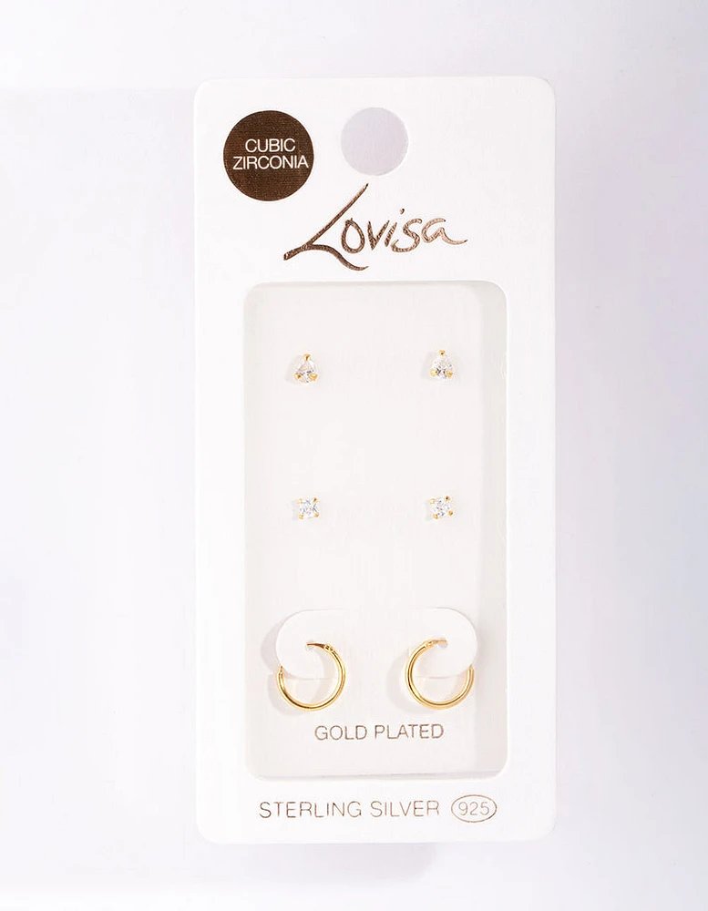 Gold Plated Sterling Silver Cubic Zirconia Stud Hoop Earring Pack