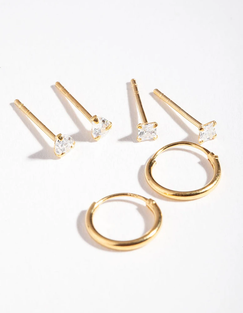 Gold Plated Sterling Silver Cubic Zirconia Stud Hoop Earring Pack