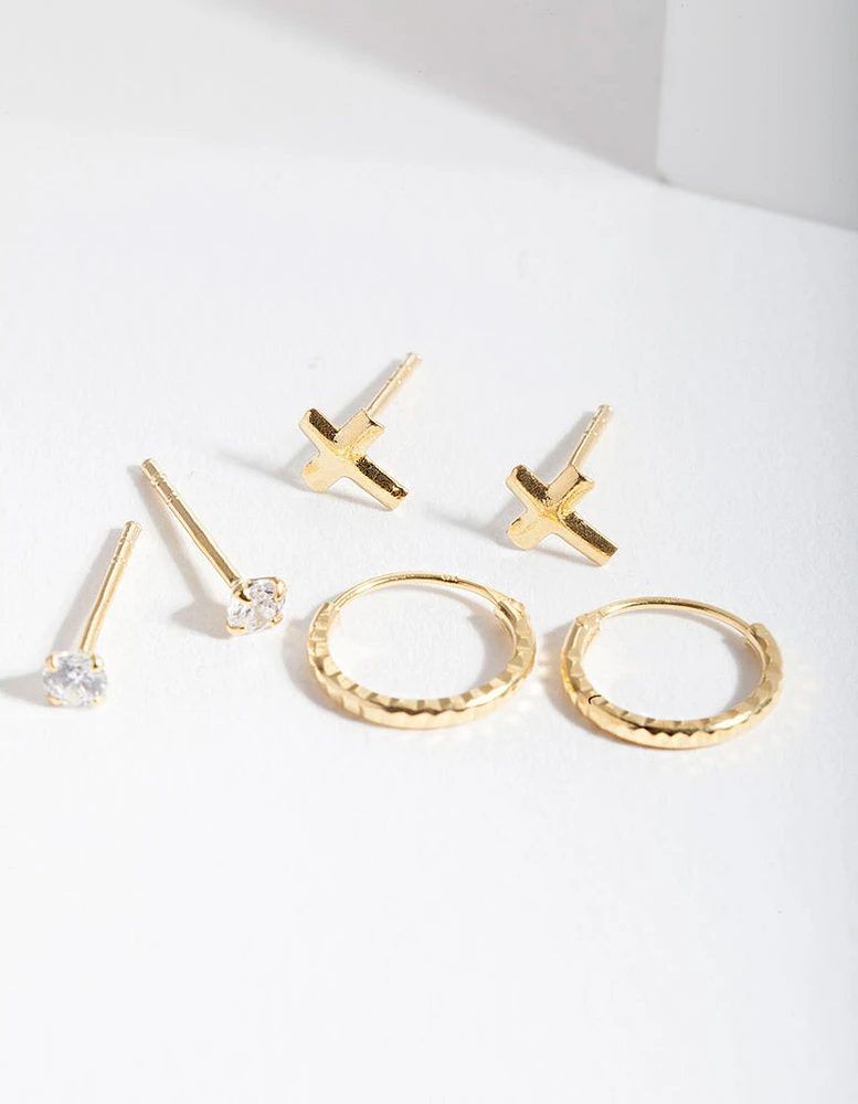 Gold Plated Sterling Silver Cubic Zirconia Cross Earring Pack