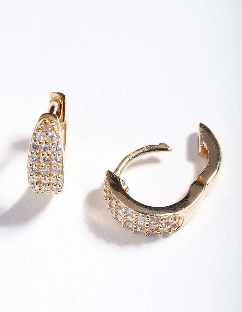 Gold Plated Sterling Silver Statement Pave Huggie Earrings