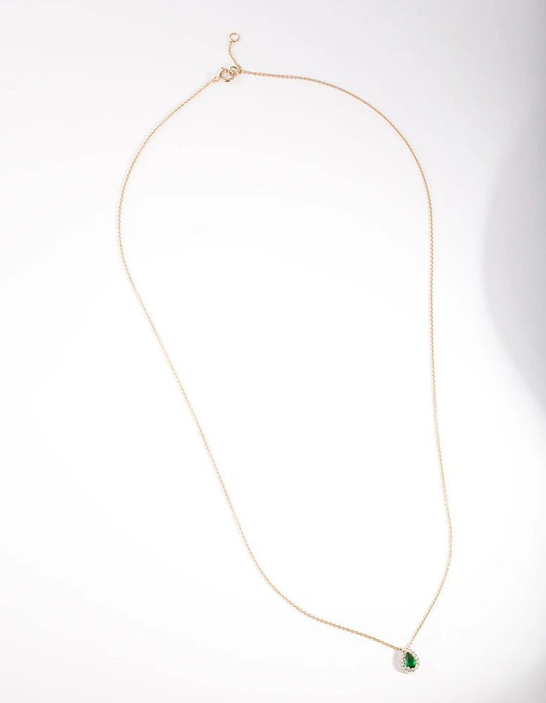 Gold Plated Sterling Silver Green Pear Halo Necklace