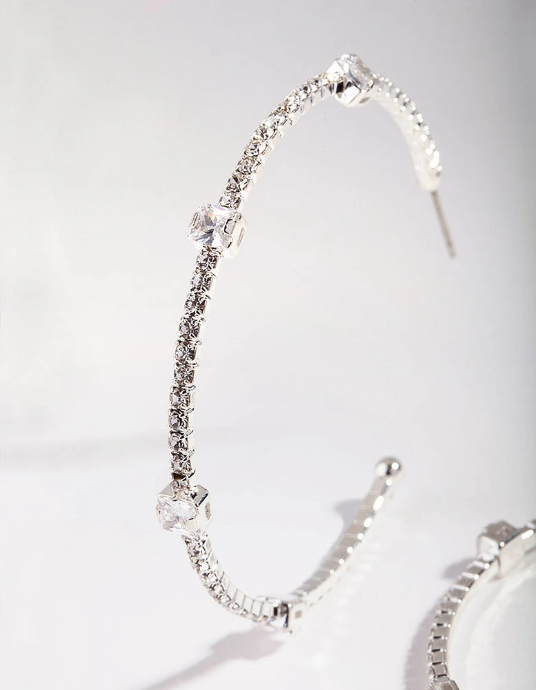 Silver 60mm Stone & Diamante Hoop Earrings