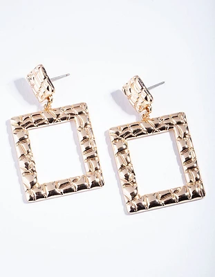 Gold Textured Square Drop Earrings