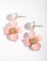 Gold Matte Pink Flower Drop Earrings