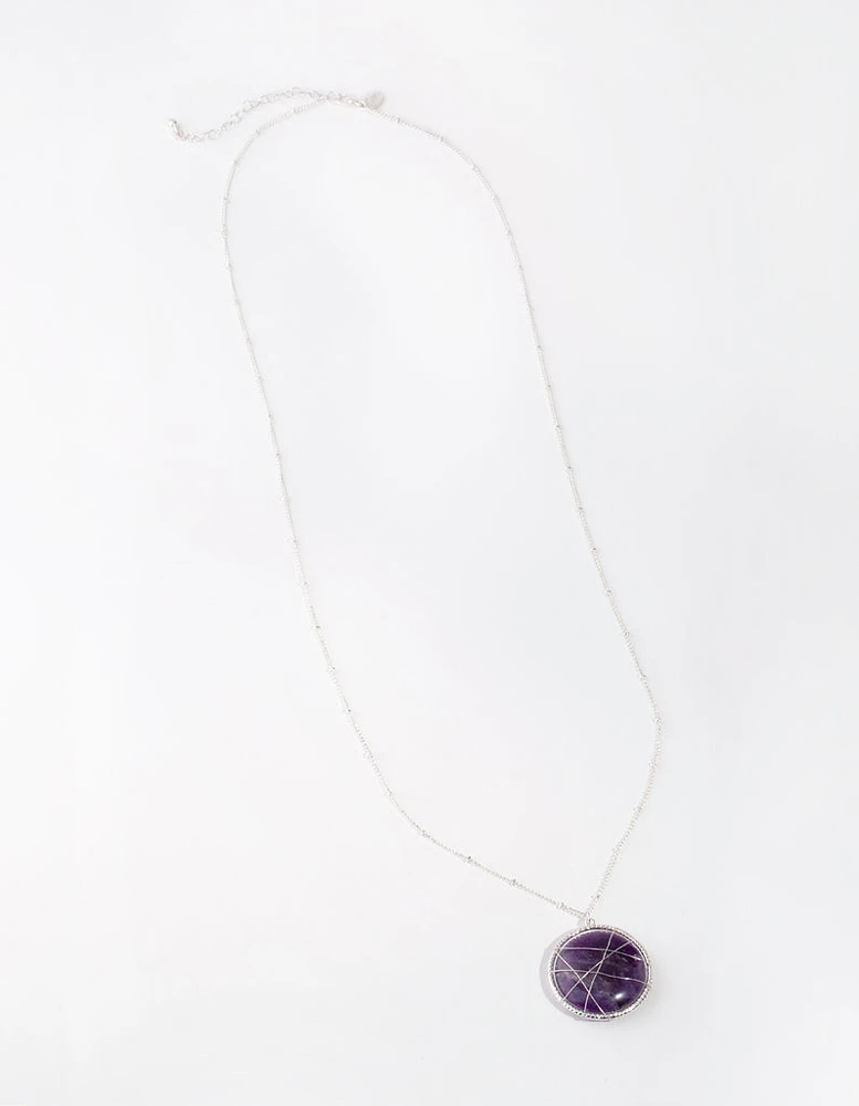 Silver Long Caged Amethyst Necklace