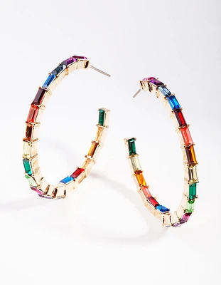 Gold Rainbow Gem Lined Hoop Earrings