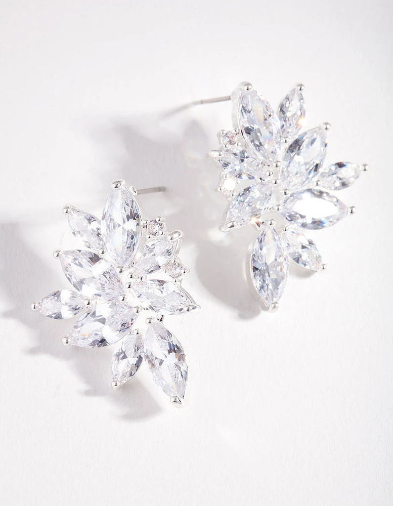 Silver Cubic Zirconia Navette Stud Earrings