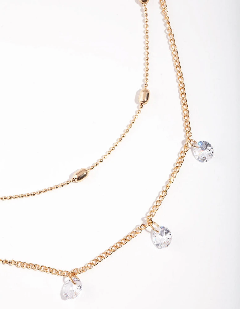 Gold Cubic Zirconia Droplet 2 Row Necklace