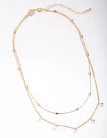 Gold Cubic Zirconia Droplet 2 Row Necklace