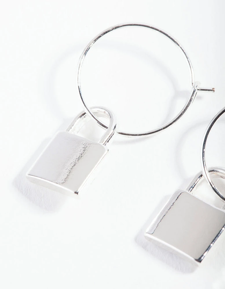 Silver Padlock Fine Hoop Earrings