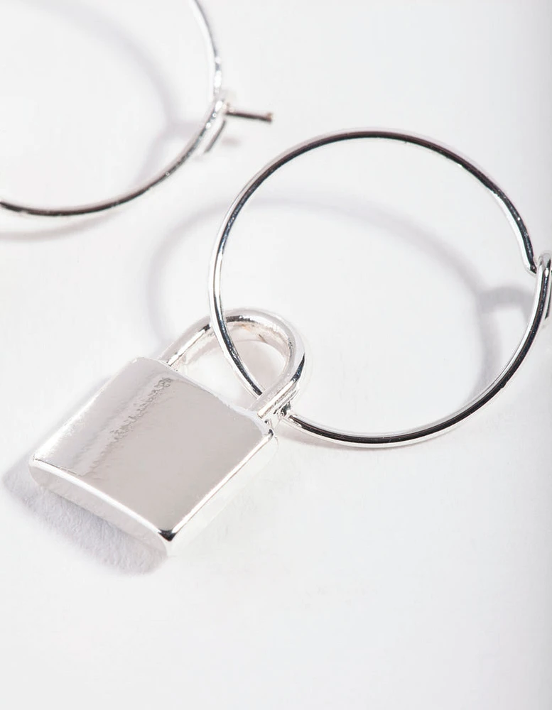 Silver Padlock Fine Hoop Earrings