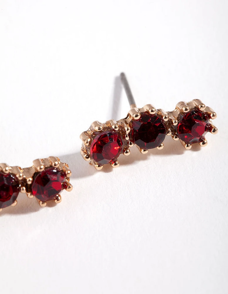 Gold Triple Red Stone Stud Earrings