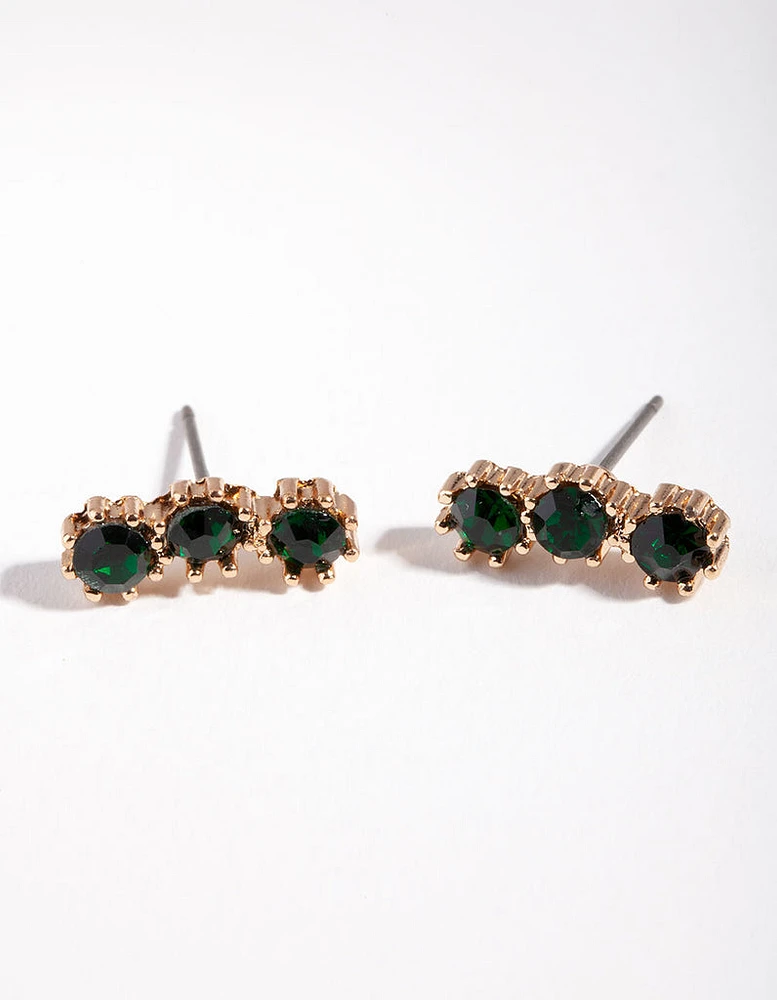 Gold Triple Green Stone Stud Earrings