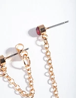 Gold Red Stone Chain Stud Earrings