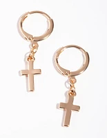 Gold Thick Cross Huggie Earrings