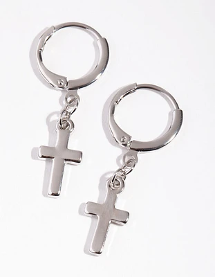 Rhodium Thick Cross Huggie Earrings