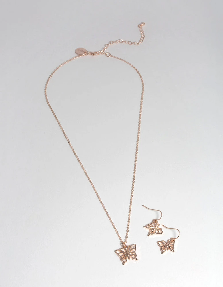 Rose Gold Butterfly Earring & Necklace Set