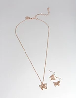 Rose Gold Butterfly Earring & Necklace Set