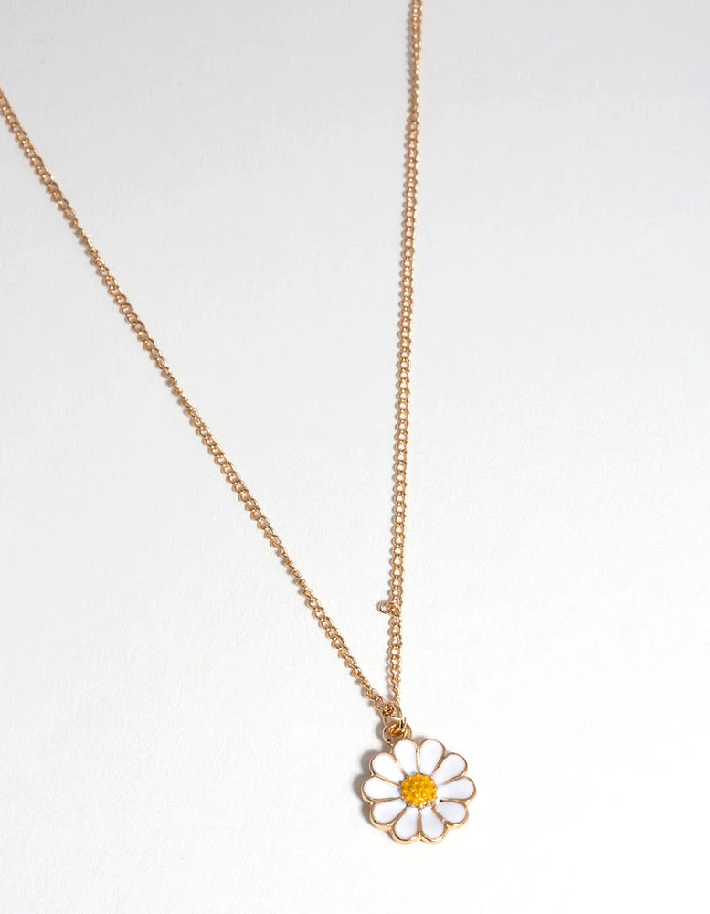 Gold Enamel Daisy Drop Necklace