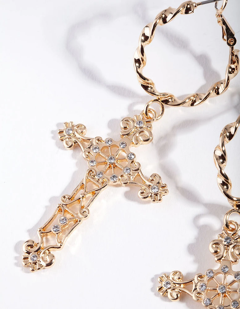 Gold Rope Hoop Filigree Cross Earrings