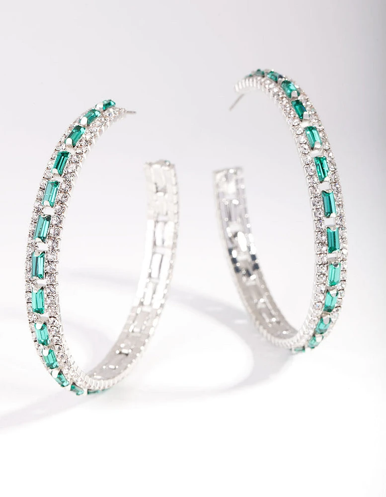 Rhodium Green Baguette Stone Centre Hoop Earrings