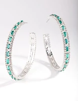 Rhodium Green Baguette Stone Centre Hoop Earrings