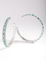 Rhodium Green Baguette Stone Centre Hoop Earrings