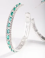 Rhodium Green Baguette Stone Centre Hoop Earrings