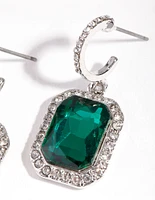 Rhodium Green Square Huggie Earrings