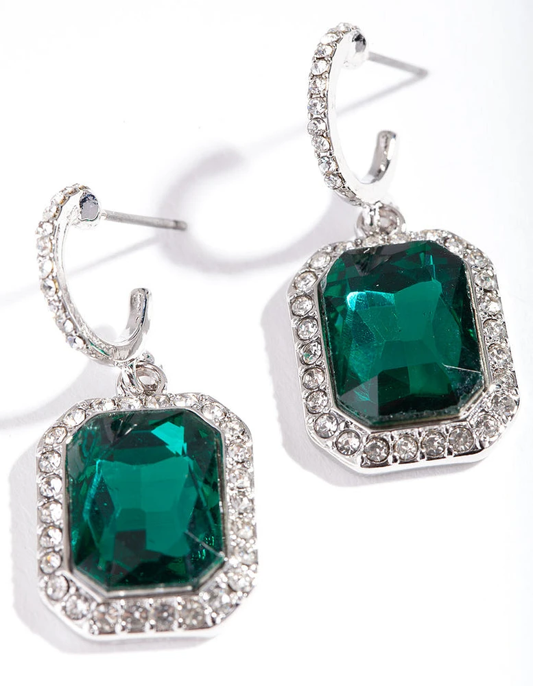 Rhodium Green Square Huggie Earrings