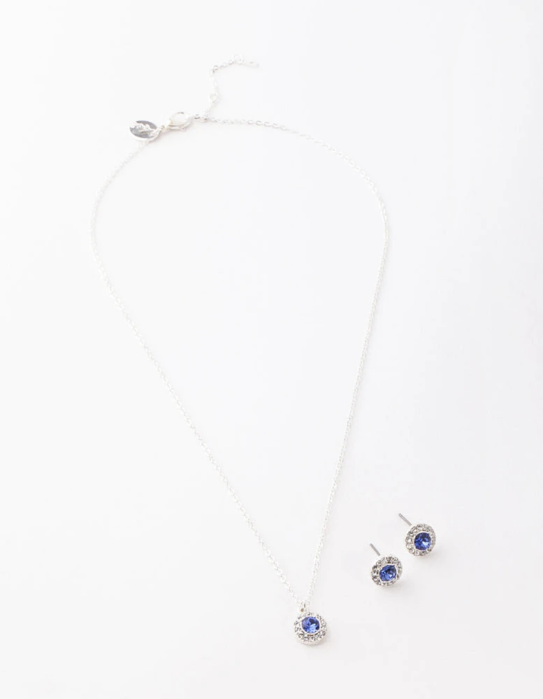 Silver Sapphire Diamante Circle Necklace & Earrings