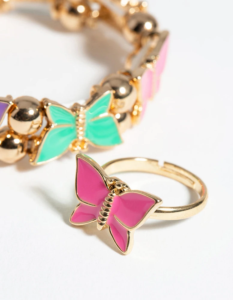 Kids Gold Enamel Butterfly Stretch Bracelet & Ring