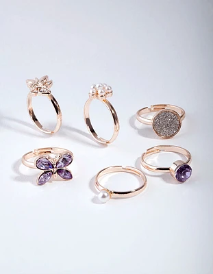 Kids Rose Gold Butterfly & Diamante Ring 6-Pack