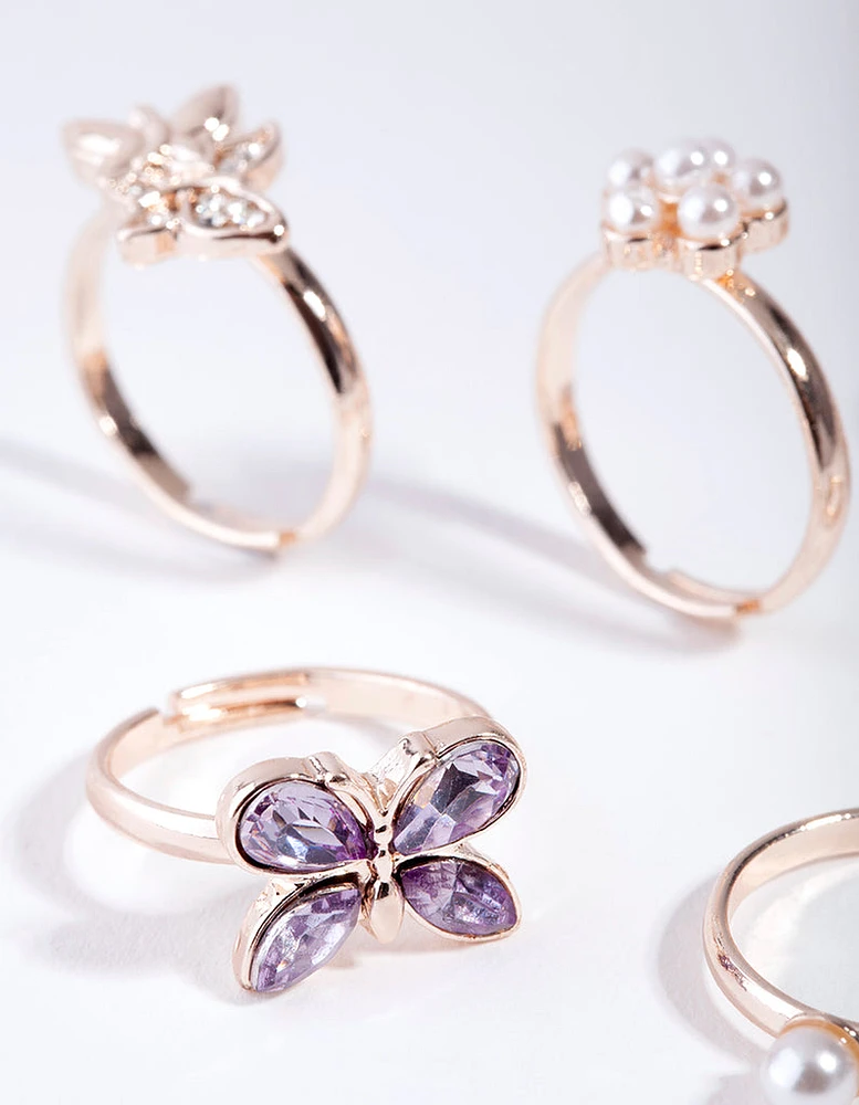 Kids Rose Gold Butterfly & Diamante Ring 6-Pack