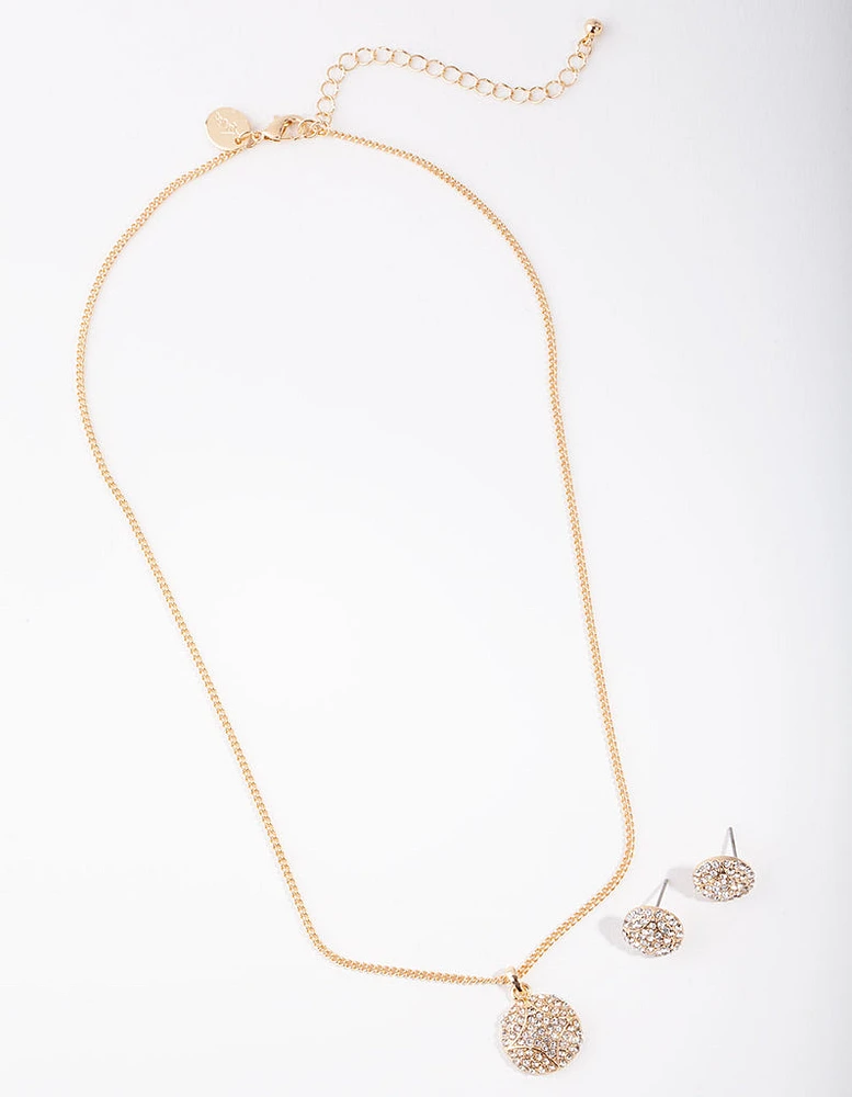 Gold Pave Circle Necklace & Earrings