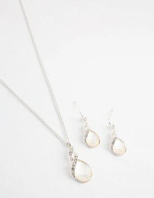 Silver Teardrop Cat Eye Necklace & Earrings Set