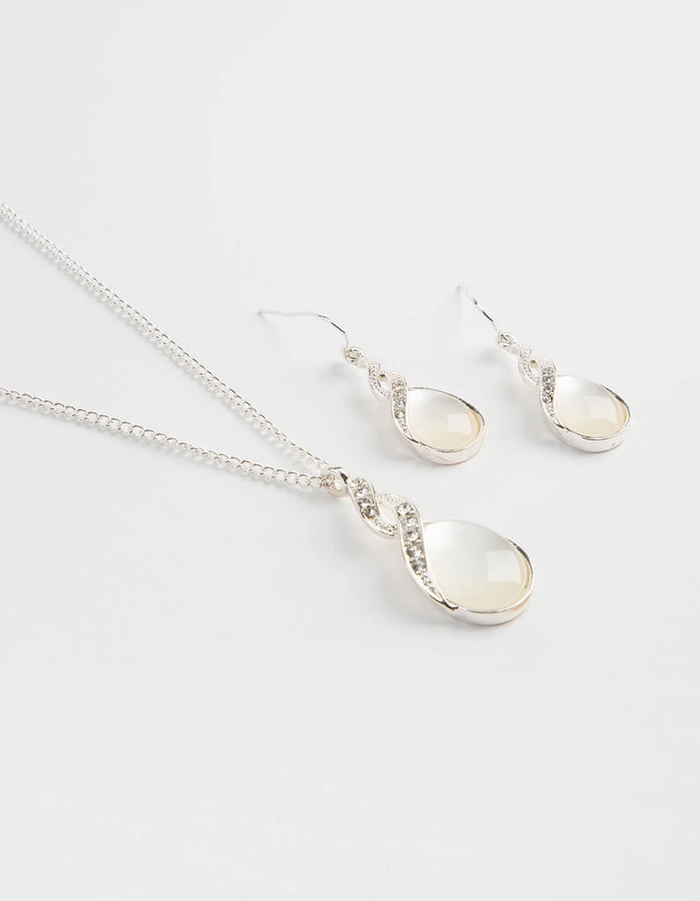 Silver Teardrop Cat Eye Necklace & Earrings Set