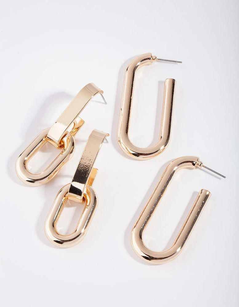 Gold Pack Rectangle Link & Hoop Earring