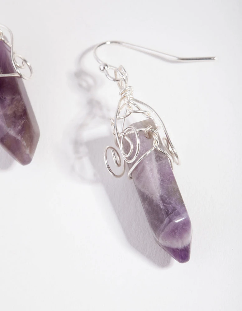 Silver Coil Wrap Purple Stone Earrings