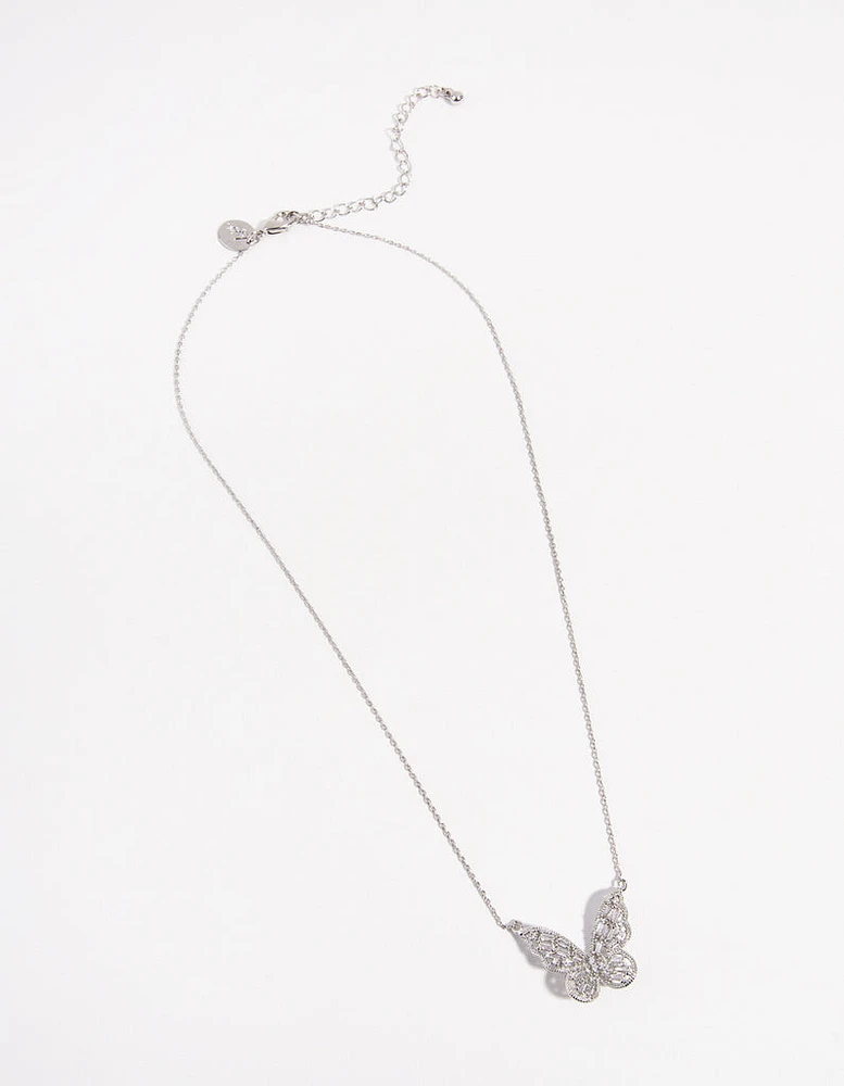 Silver Cubic Zirconia Baguette Butterfly Necklace