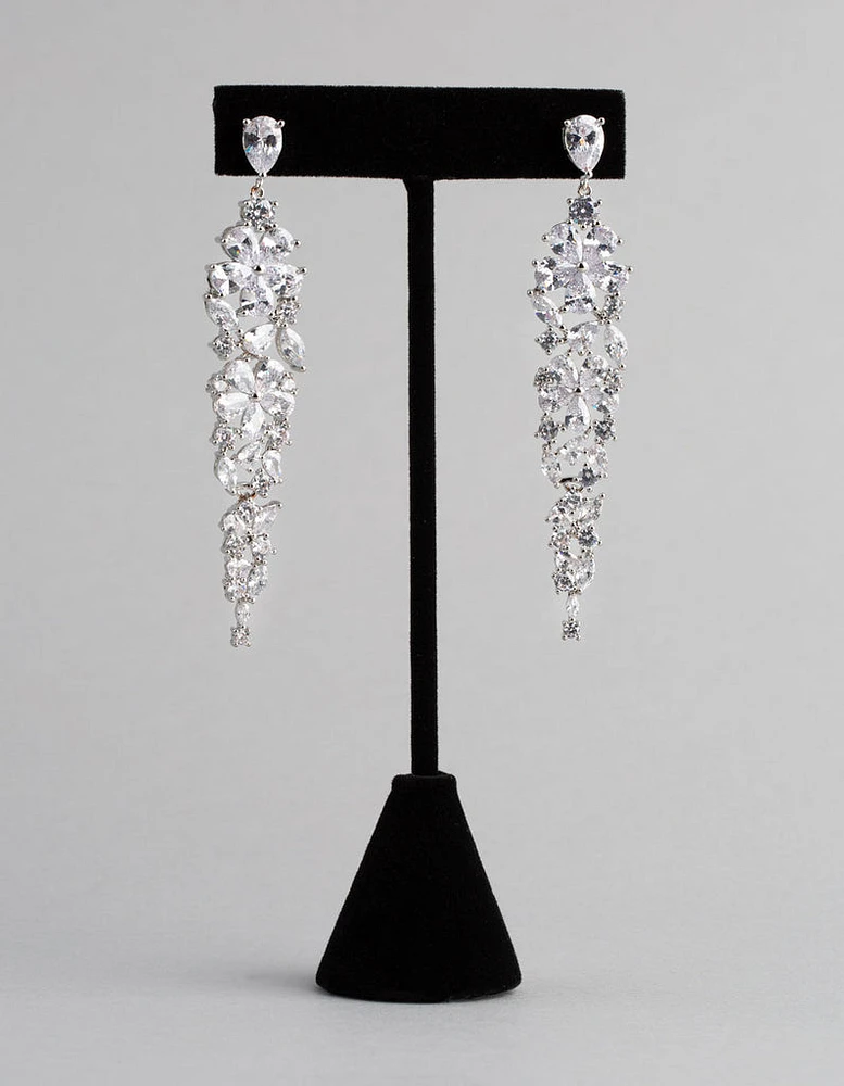 Silver Cubic Zirconia Statement Flower Drop Earrings