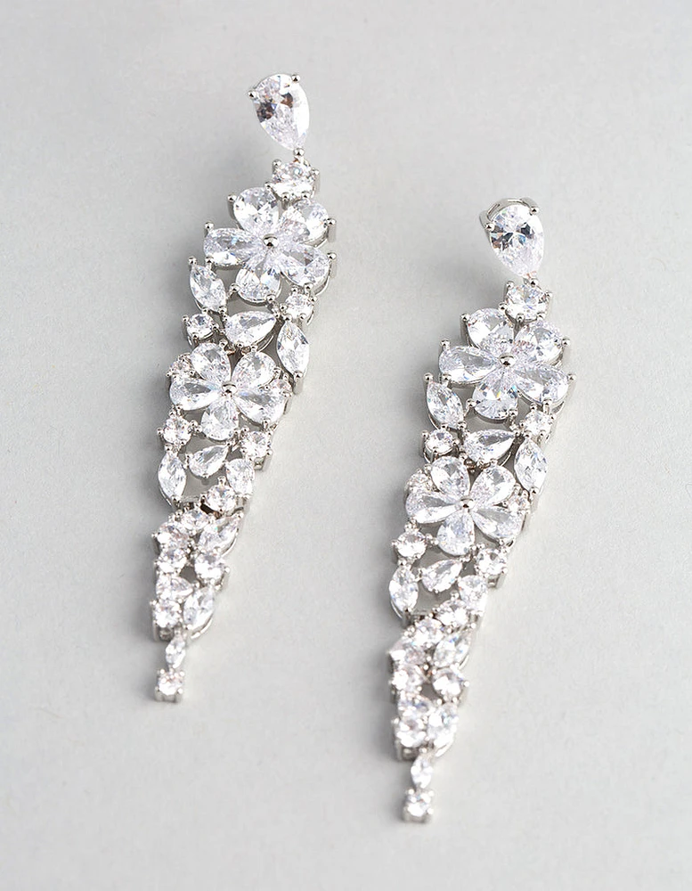 Silver Cubic Zirconia Statement Flower Drop Earrings