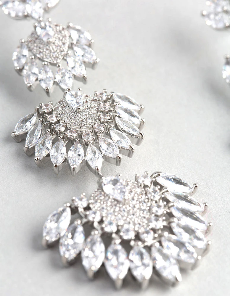 Silver Cubic Zirconia Statement Fan Drop Earrings