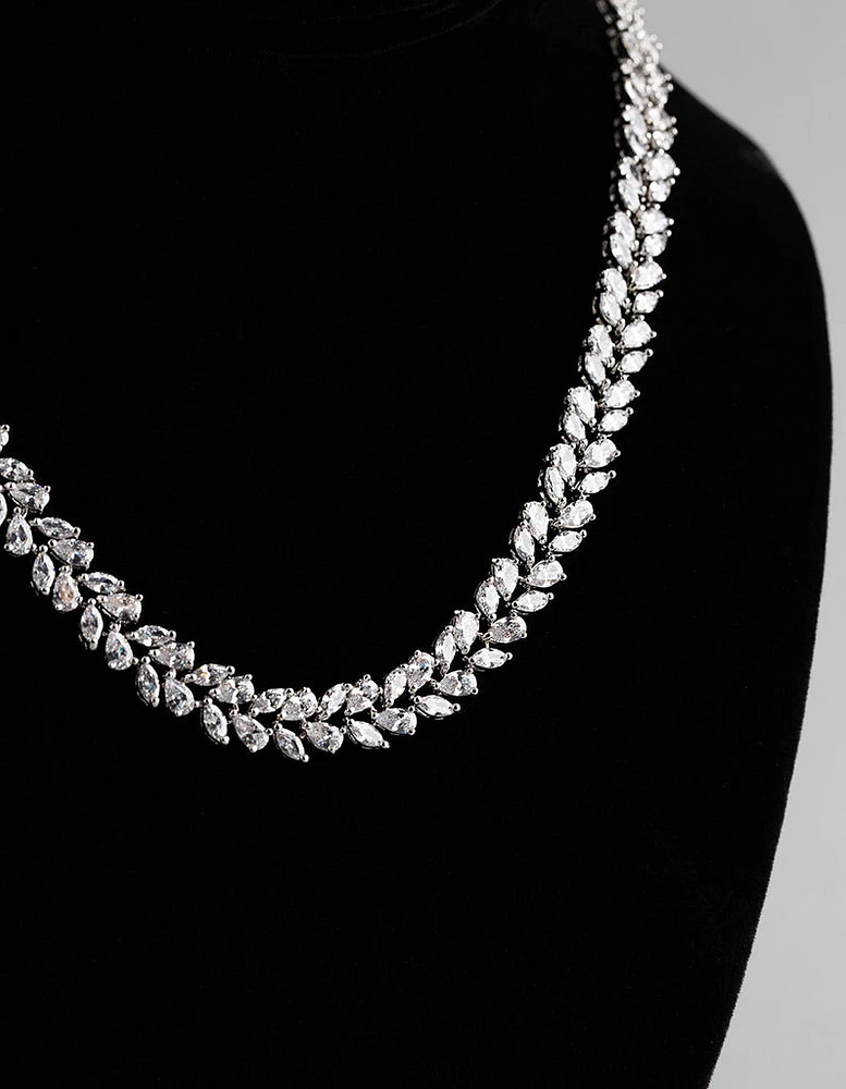 Silver Cubic Zirconia Statement Navette Stone Necklace