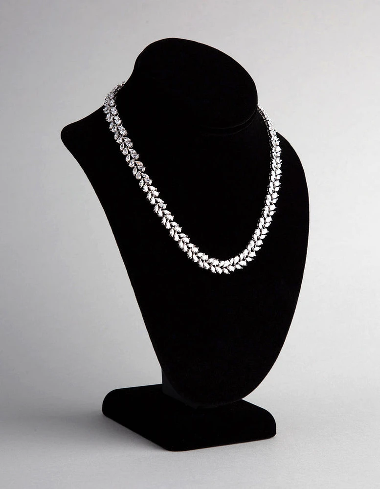 Silver Cubic Zirconia Statement Navette Stone Necklace