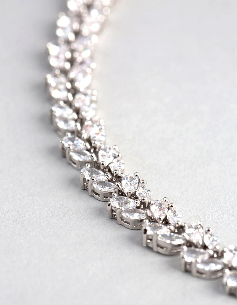 Silver Cubic Zirconia Statement Navette Stone Necklace