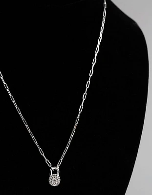 Sterling Silver Pave Padlock Oval Chain Necklace